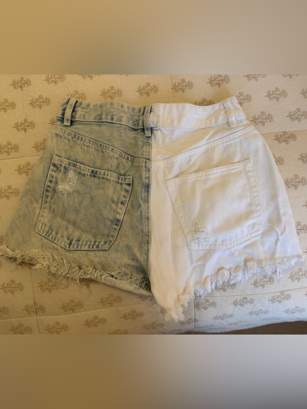 refuge Two-Tone Distressed Denim Jean Shorts - White and Light Blue - Picture 2 of 2